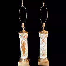 Vtg Pair MCM Opaline Glass Cylindrical Lamps Hollywood Regency Hand Enameled 38” picture