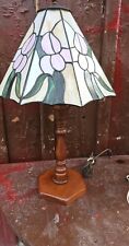 Hand Turned Wood Vtg Table Accent Lamp Stained Glass Shade Arts & Crafts 23