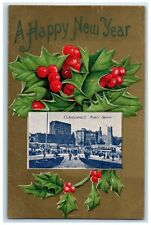 c1910's New Year Holly Berries Public Square Cleveland Ohio OH Embossed Postcard picture