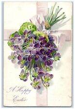 c1905 Happy Easter Holy Cross Purple Flowers Embossed Tuck's Antique Postcard picture