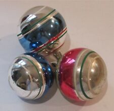 3 Vintage Premier Glass Christmas Ornament REd Blue Silver Green WHite Stripe  picture