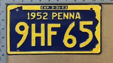 1952 Pennsylvania license plate 9 HF 65 Ford Chevy Dodge 16333 picture