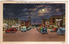 LINEN Postcard     MAIN STREET, LOOKING SOUTH AT NIGHT  -  ANDERSON, SC picture