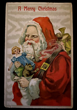 Red Robe Santa Claus with Doll~Teddy Bear~Toys~Antique Christmas Postcard~k104 picture