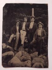 Antique Tintype Photo Outdoor Men On Rocks Hats Smoking Cigars Gay Interest picture