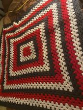 Vintage Handmade Crocheted Red white and black gray￼ Afghan Lap Blanket  57x50” picture
