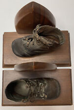 Antique Vintage Twin Baby Boy Girl Leather Shoes Shellac Hardened Wood Bookends picture