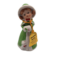 Jasco 1978 Bisque Porcelain Holiday Belle Figurine Girl Green Dress Muff Kitty picture