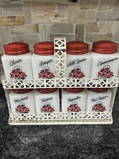 Vintage Tipp City, USA - 8 Milk Glass Spice Jars with Metal Rack Red Floral 🌺 picture
