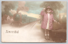 Postcard RPPC French Amities Little Girl with Train Beautifully Hand Tinted A71 picture