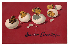 Postcard Easter Embossed 1900s Chicks Eggs Red Background Germany VTG picture