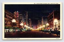 c1933 Linen Postcard Salt Lake City UT Utah Main Street at Night Cars picture