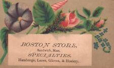 1880s-90s Pink Roses Boston Store Sandwich MA Laces Hamburgs Gloves Trade Card picture