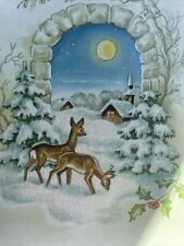 Vtg UNUSED Christmas Card Deer Glitter Snow Covered trees Moon Church with Env picture