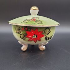 VTG Lefton Handpainted Poinsettia Holly Christmas Footed Candy Trinket Dish 4387 picture