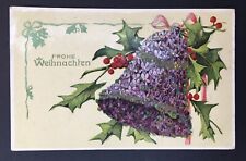 Antique German Christmas Card Textured Finish Floral Bell & Holly 1914 picture