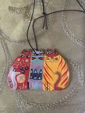LAUREL BURCH Wood Cats Trio Pendant Signed Ornament Charm Red Purple Yellow Gold picture
