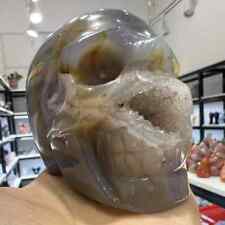 382G Natural Geode Agate Quartz Carved Crystal Skull Reiki Healing Gem Decor picture