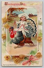 1910 Thanksgiving A Von Beust Antique Vintage Postcard Boy Chef Riding Turkey picture