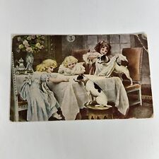 Antique Postcard Posted 1908 Girls And Dogs At A Table 1 Cent Franklin Stamp  picture