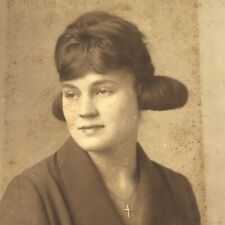 Vintage Sepia Photo Young Woman Hair Buns Bangs Cross Necklace Studio Portrait picture