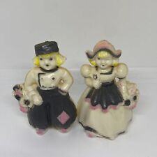 Vintage 1950s Dutch Boy and Girl Salt and Pepper Shakers Set Plastic Pink Grey S picture