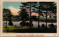 Camden AR Greetings River Shore Trees Arkansas Linen postcard PQ2 picture
