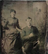 C.1880s Tintype Smiling Woman W Man Right Hand Path Corset Hand Tinted T49 picture