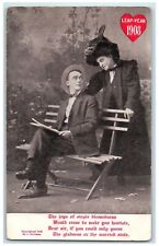1908 Leap Year Couple Romance Hat Feather Unposted Antique Postcard picture
