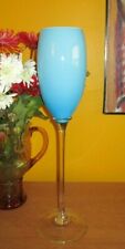 🐋 Vtg Huge Retro Mod MCM Turquoise BLUE EMPOLI GLASS GOBLET VASE Clear Stem 19