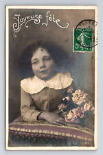1912 RPPC Portrait of Young French Girl Flowers Hand Colored Real Photo Postcard picture