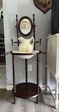 Antique Victorian English Wash Basin and Pitcher with Wood Stand and Mirror picture
