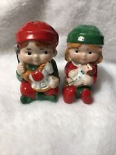 Vintage AVON 1983 Ceramic Boy And Girl Christmas Elves Salt And Pepper Shakers. picture