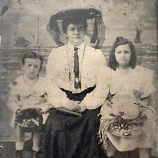 Antique Tintype Group Photograph Mother Big Hat Veil Children picture