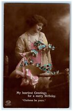 c1910's Birthday Greetings Pretty Woman Flowers Tinted RPPC Photo Postcard picture