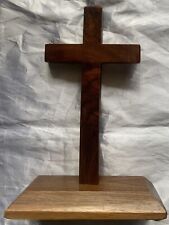Vintage Wooden Cross On Stand 9 1/4” Tall Hand-Made signed By Maker picture