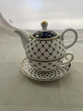 Grace Teaware Porcelain 4-Piece Tea For One Trellis Blue Gold picture