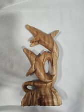 Wooden Hand Carved 2 Dolphins Statue Sculpture Decor Fish Figurine Handmade 9