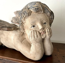 Vintage or Antique Carved Wood & Gesso Cherub Putti Sculpture w/ Glass Eyes 15”L picture