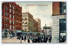 1908 Riverside Avenue Trolley Railway Crowd Building View Spokane WA Postcard picture