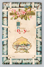 Postcard New Year Greeting w/ Birch Border & Rural Church Scene, Antique H9 picture