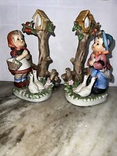 Vintage Set of 2 Hand-painted Boy and Girl with Geese Ceramic/Porcelain picture