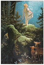 Fairy Tale Postcard: Vintage Print Repro - Girl Under the Stars, Forest, Deer picture