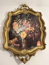 Vintage Italian Gold Tone Tray with Floral Still Life Art in Center 16.5 Inch picture