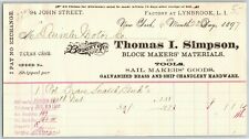 John Street NYC Billhead Letterhead 1897 Thomas I. Simpson Block Sail Makers  picture