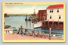 Linen Postcard Gloucester MA Massachusetts Town Landing Docks Pier Boats picture