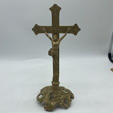 Vintage Cast Iron  Crucifix 7” High  Ornate Gold Color picture