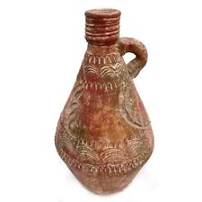 Vintage Rustic Terracotta Jug or Vase Mexican Pottery w Handle 11” Engraved picture