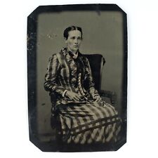 Striped Dress Woman Sitter Tintype c1870 Antique Chair 1/6 Plate Photo C3402 picture