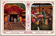 VINTAGE POSTCARD DUAL VIEW ANTIQUE TEMPLE AT NIKKO AND YOKOHAMA JAPAN 1910s picture
